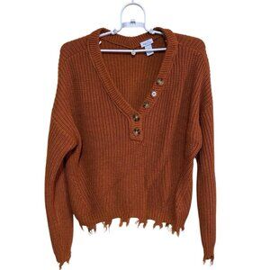 Rue 21  Cropped Chunky Knit Sweater Size XL Rust Fringe Hem Pullover Acrylic